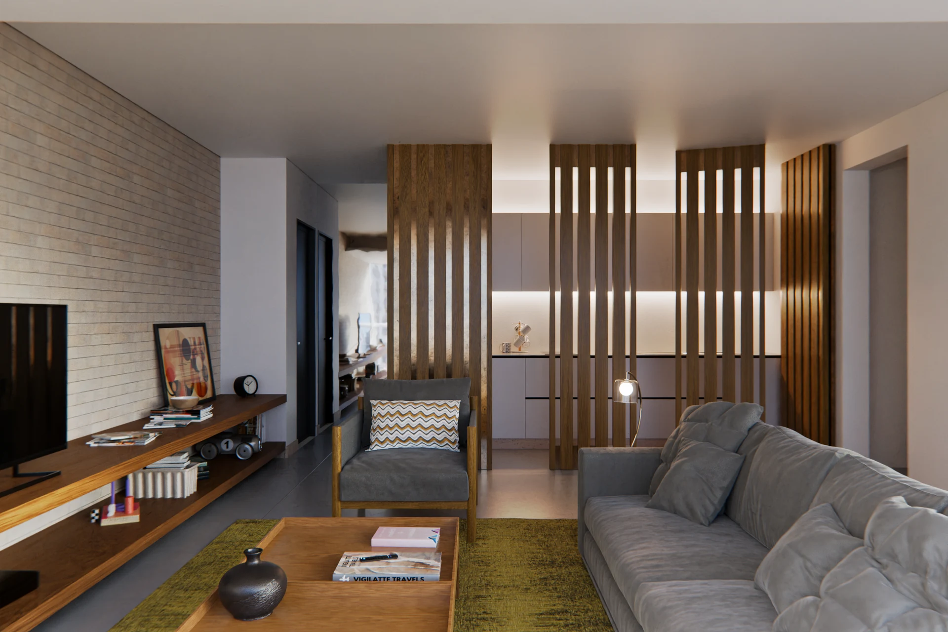 Apartamento FJC — estar e painel de madeira, enquadramento 03